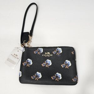 COACH Black Floral Leather Wristlet with Blue Flowers NEW